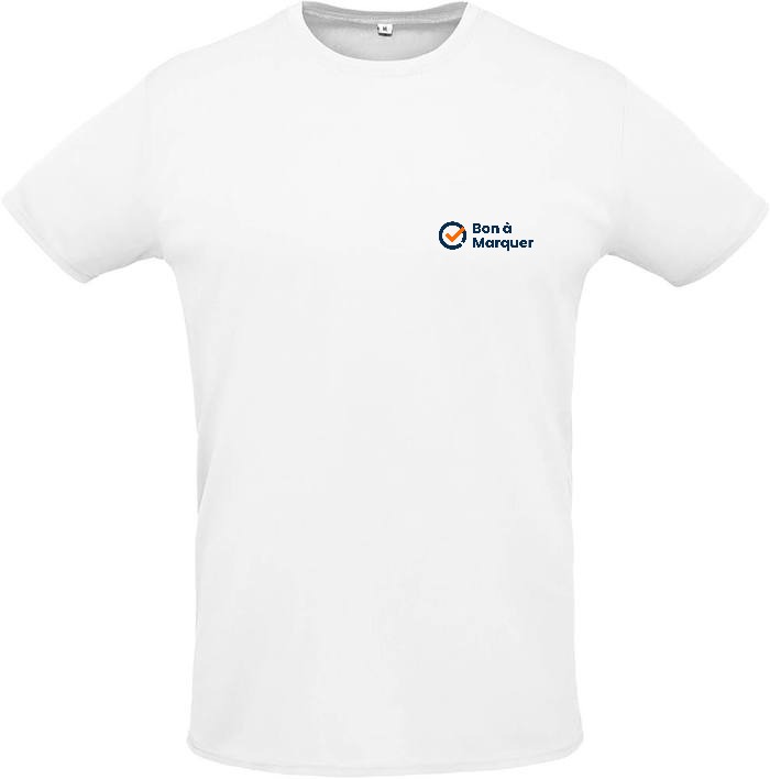 Le même logo en marquage poitrine sur un t-shirt blanc, à 92 millimètres de large.